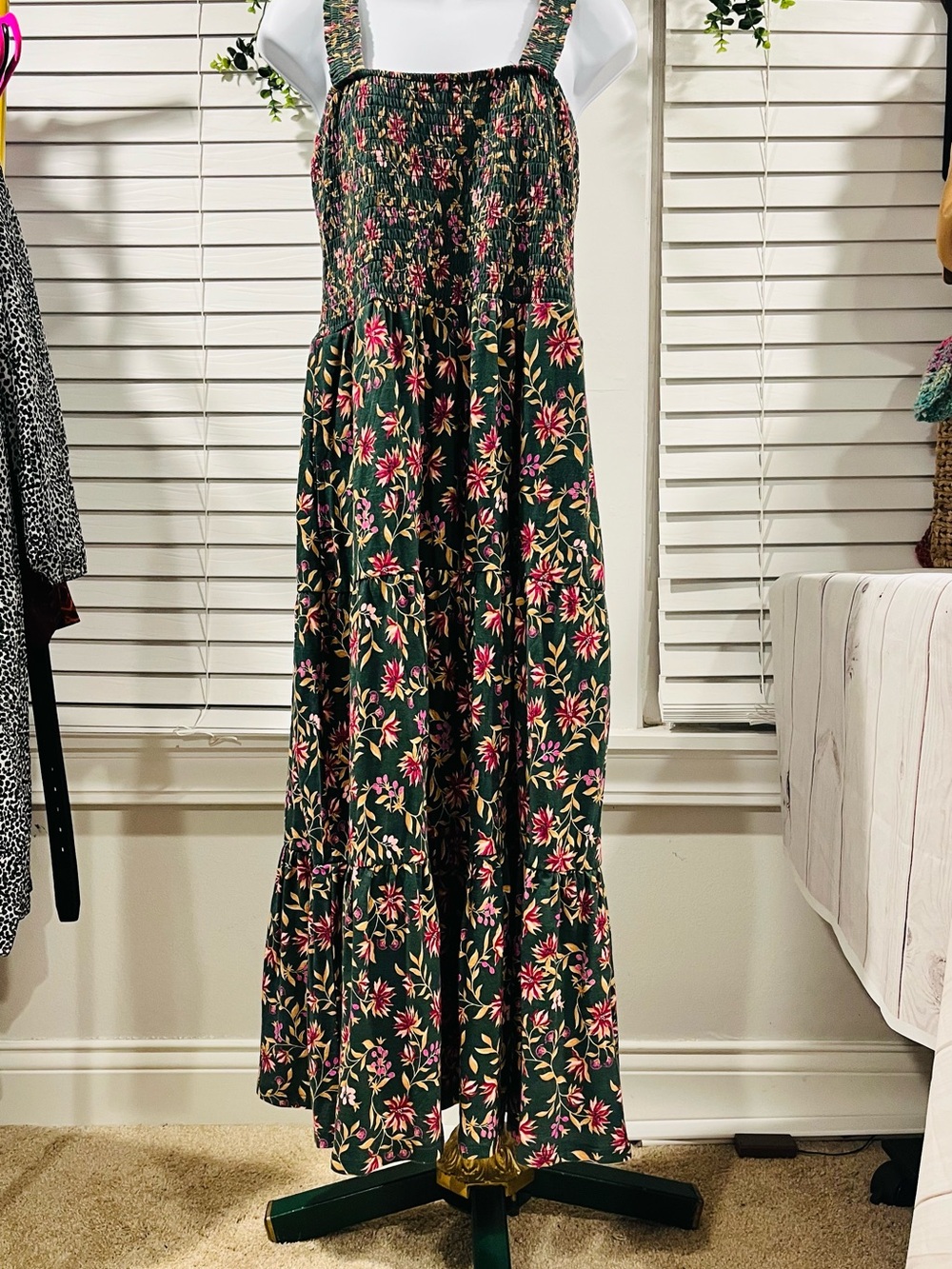100% Organic Cotton Dark Green Floral Smocked Maxi Dress